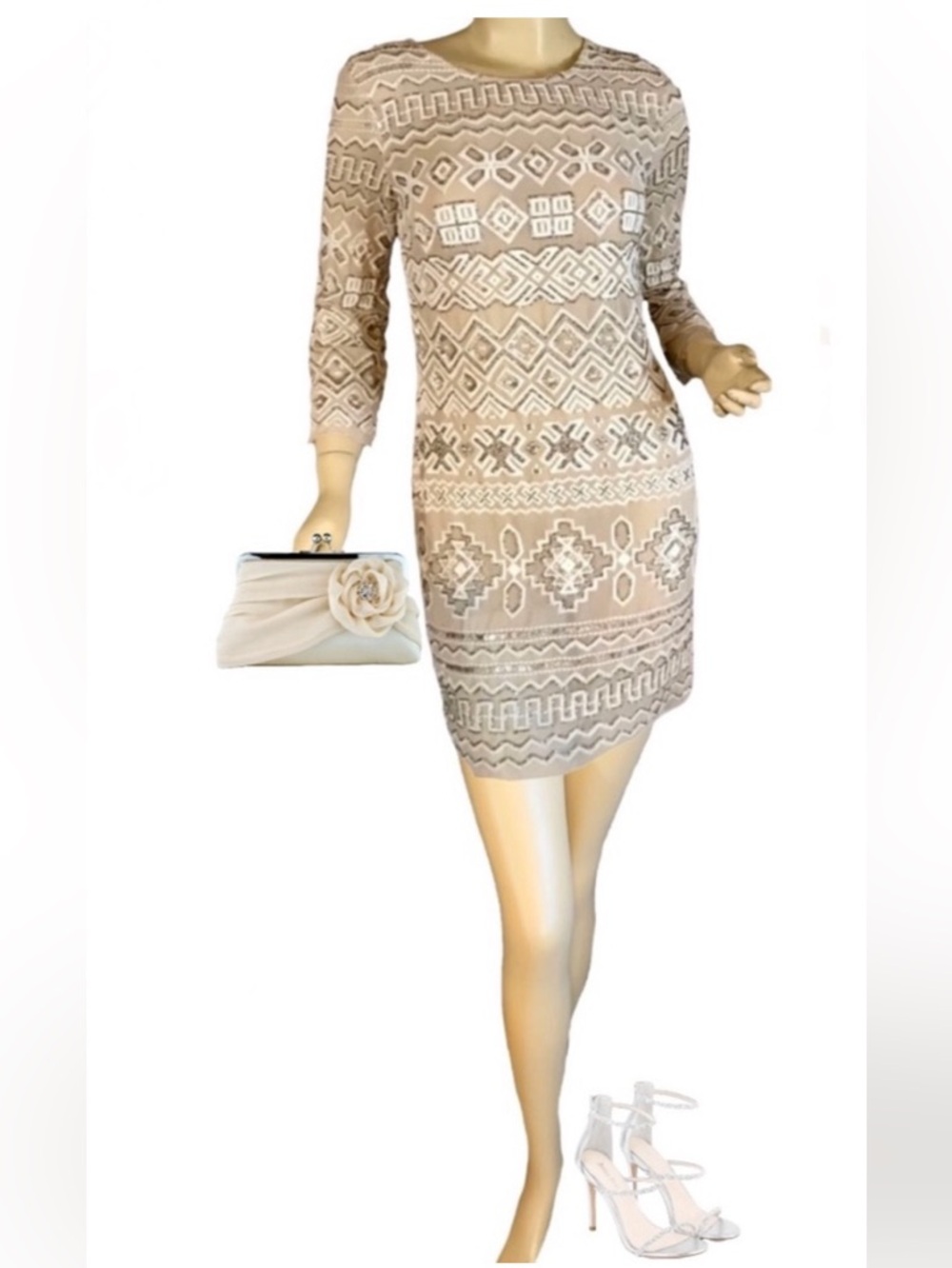 NEEDLE & THREAD BEIGE, SILVER & GOLD BEADED COCKTAIL DRESS NWT (4)